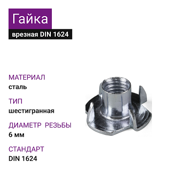 Гайка врезная оцинкованная DIN 1624 M6 * 9 (5000 шт)