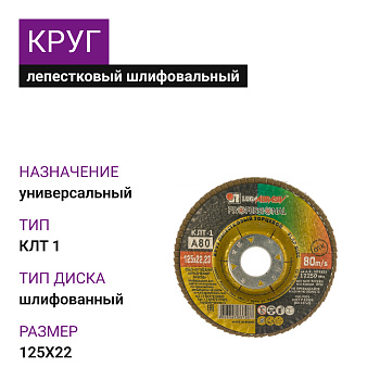 Круг лепестковый шлифовальный Луга КЛТ1 125х22 Р80