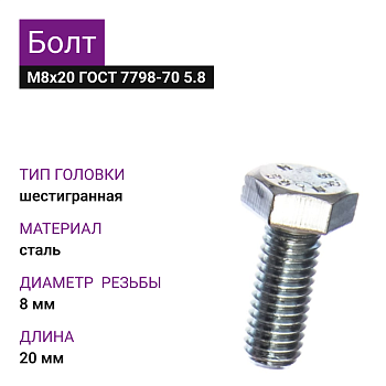 Болт М8х20 ГОСТ 7798-70 5.8 (83шт=0,996кг)