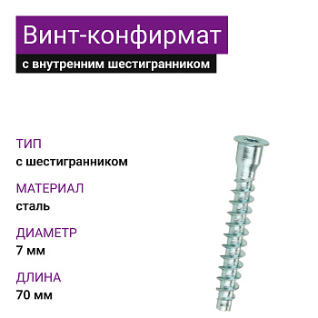 Винт-конфирмат М7x70 с внутренним шестигранником, ОЦ (2000шт)